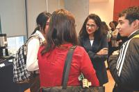 Columbia’s new president, Nemat “Minouche” Shafik, visiting with students while touring Columbia University Irving Medical Center